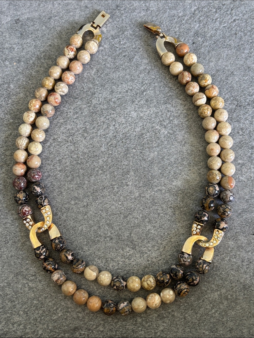 Crafting: Double-Strand Beige Brown GemStone Necklace Goldtone Accents